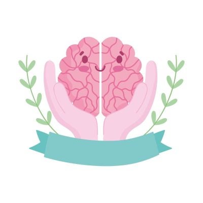 world-mental-health-day-cartoon-brain-in-hands-ribbon-card-free-vector